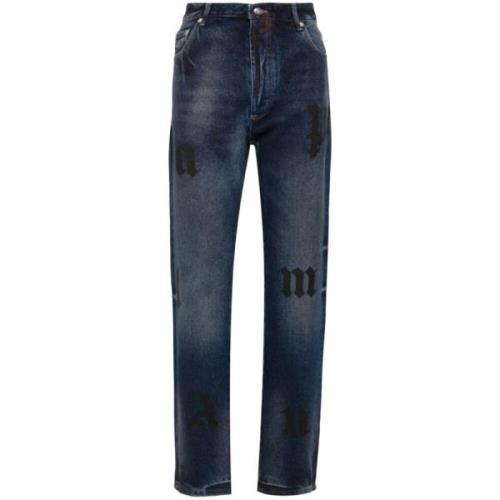 Palm Angels Denim Jeans Logo Print Straight Leg Blue, Herr