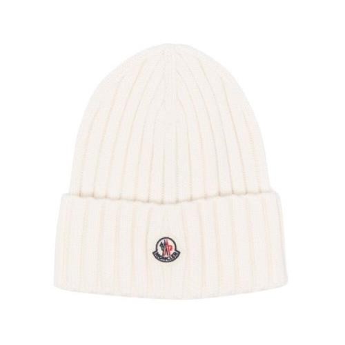 Moncler Räfflad Stickad Logo Beanie Mössa White, Dam