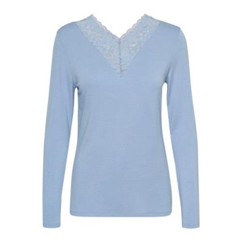 Cream Feminin Spetsdetalj V-ringad Topp Blue, Dam