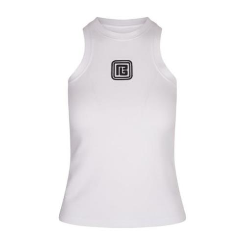 Balmain Vit Tanktop med Retro Logo White, Dam