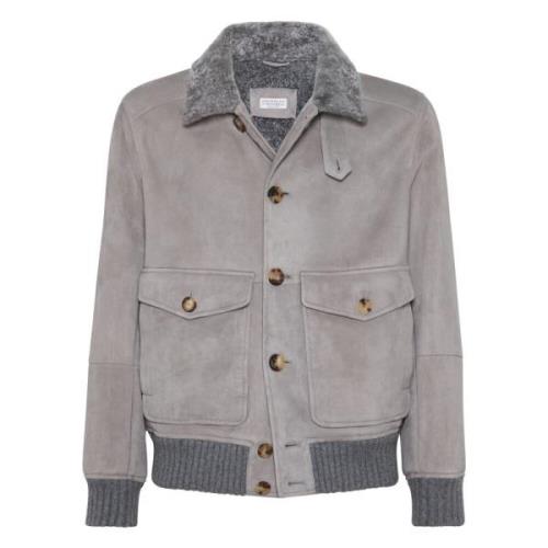 Brunello Cucinelli Läder Mockajacka med Knappstängning Gray, Herr