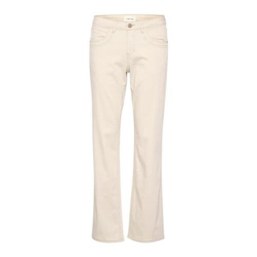 Cream Straight Leg Twill Byxor Fjäder Grå Beige, Dam