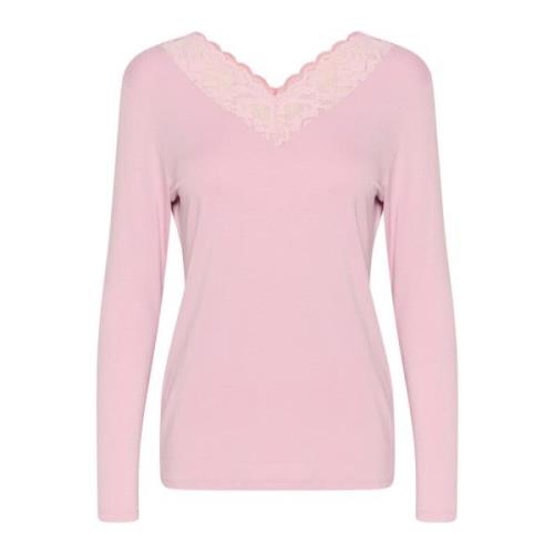 Cream Feminin Spetsdetalj V-ringad Topp Pink, Dam