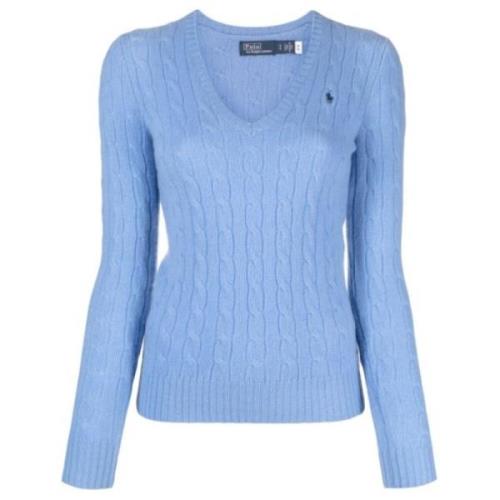 Ralph Lauren Dam V-ringad Stickad Tröja med Polo Pony Motiv Blue, Dam