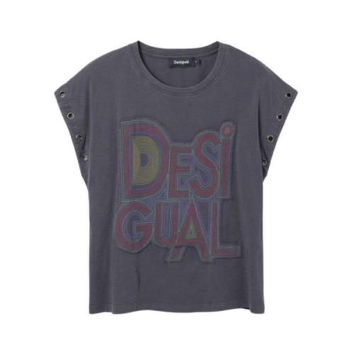 Desigual Svart T-shirt med logopatch och ögladetalj Black, Dam