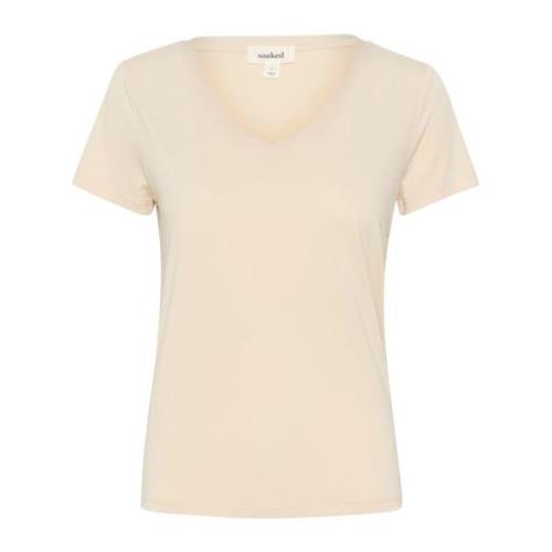 Soaked in Luxury V-Ringad Kortärmad Topp Havre Beige, Dam