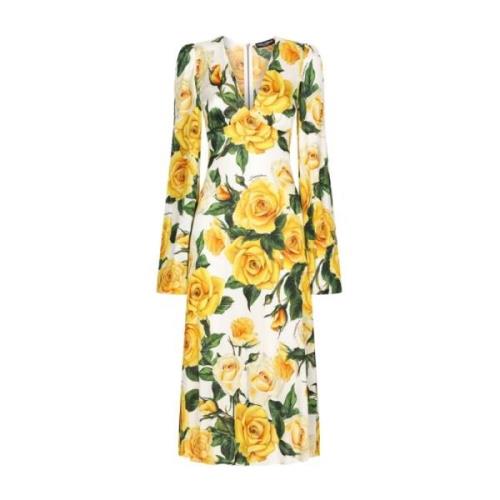 Dolce & Gabbana Rose Print V-ringad Klänning Gul Yellow, Dam