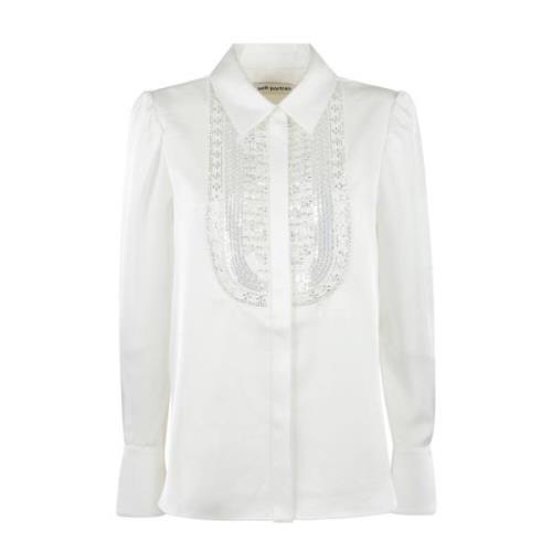 Self Portrait Satin Embellished Bib Blouse White, Dam