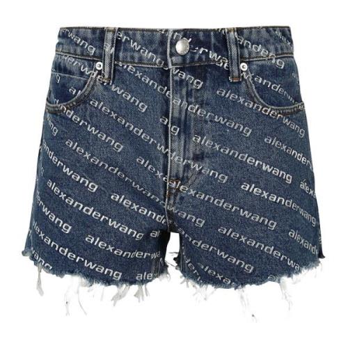 Alexander Wang Mörkblå/Vit Logotryck Högmidjade Shorts Blue, Dam