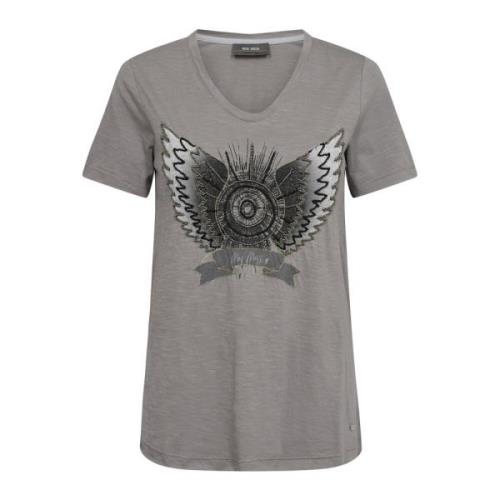 MOS Mosh Broderad T-shirt med V-ringning Gray, Dam