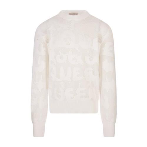 Alexander McQueen Vit Crew-Neck Sweater med Graffiti Mönster White, He...