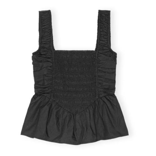 Ganni Svart Poplin Smock Strap Blus Black, Dam