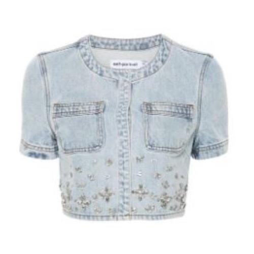 Self Portrait Denim Snap Closure Boxy Top Blue, Dam