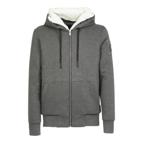 Moose Knuckles Grå/Vit Logo Hoodie med Dragkedja Gray, Herr