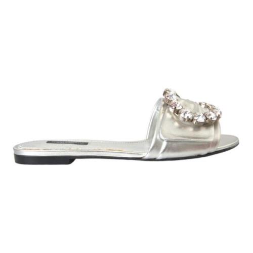 Dolce & Gabbana Silver Kristall Läder Platta Sandaler Gray, Dam