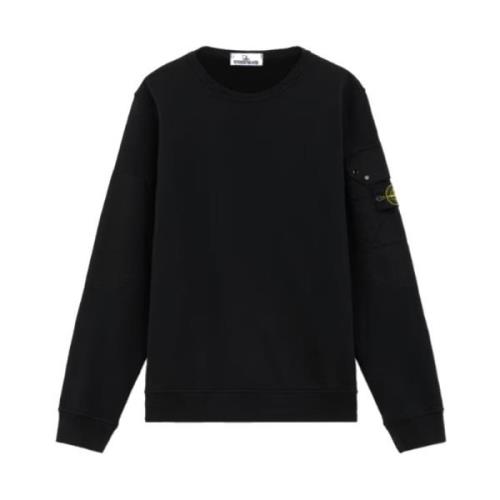 Stone Island Borstad bomullsfleece rund hals med fickor Black, Herr