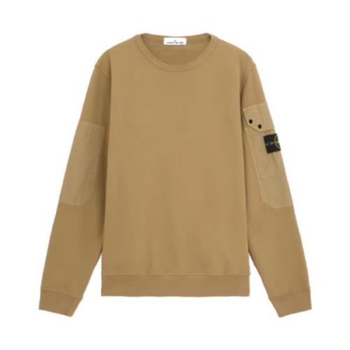 Stone Island Borstad bomullsfleece crewneck med fickor Beige, Herr