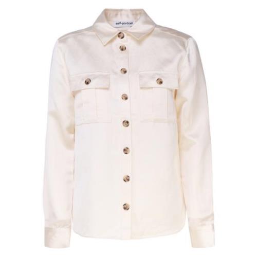 Self Portrait Satin Finish Button Front Shirt White, Dam