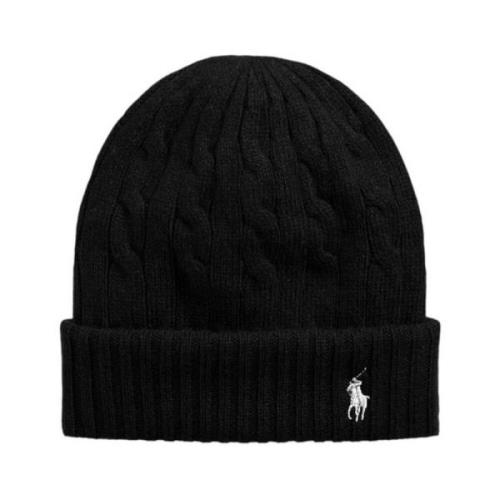 Ralph Lauren Svart Ull Kashmir Mössa Kabelstickad Black, Dam