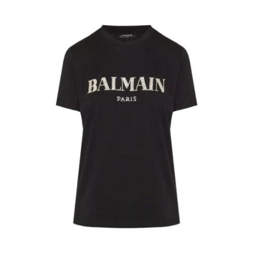 Balmain Kristall Logo Svart T-shirt Black, Dam