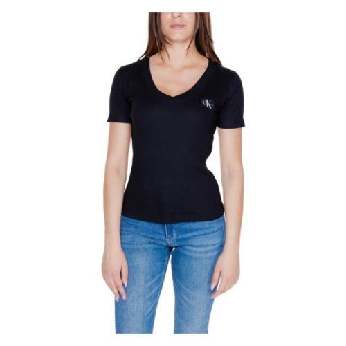 Calvin Klein Jeans Svart V-ringad T-shirt Enfärgat Mönster Black, Dam