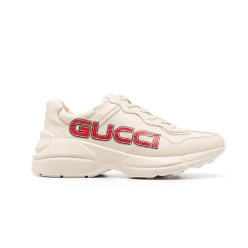 Gucci Beige Logo Print Sneakers Almond Toe Beige, Herr