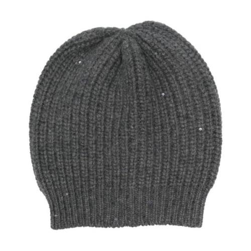 Brunello Cucinelli Grå Cashmere Beanie med Paljetter Gray, Dam