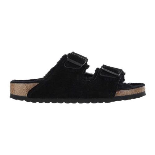 Birkenstock Shearling Svarta Sandaler Justerbara Remmar Kork Black, Da...