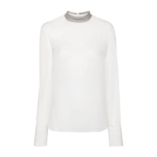 Brunello Cucinelli Sidenskjorta Perkins Monille White, Dam