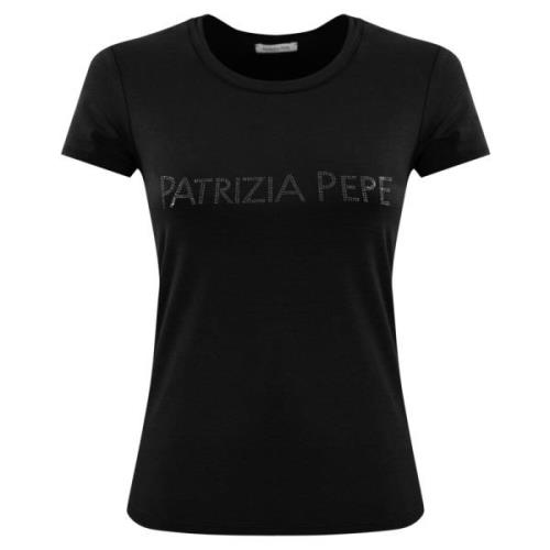 Patrizia Pepe Svart Logotyp T-shirt med Strass Black, Dam