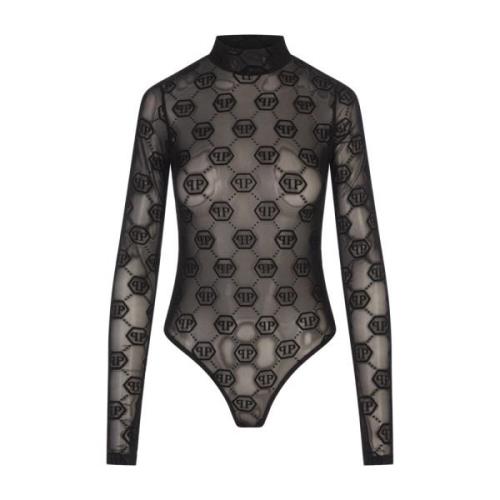 Philipp Plein Svart Tulle Bodysuit Top med Monogram Black, Dam