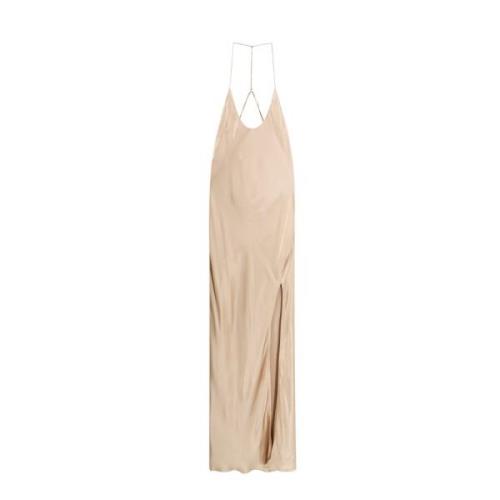 The Nina Studio Satin V-ringad Klänning med Frontal Slits Beige, Dam