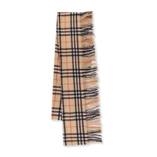 Burberry Kashmir Scarf med Check Motif Beige, Dam