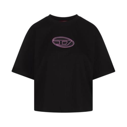 Diesel Svart Crop T-shirt med Rosa Logotyp Black, Dam