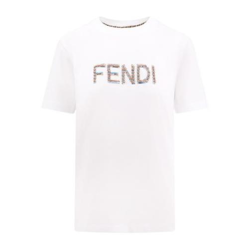 Fendi Paljett Detalj Bomull Crew-neck T-shirt White, Dam