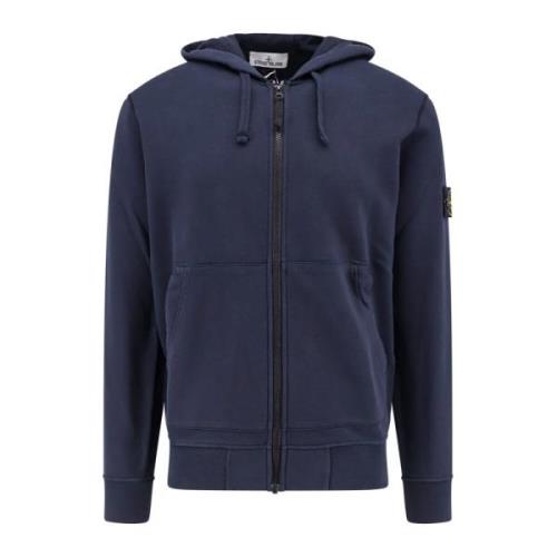 Stone Island Bomull Hooded Zip Sweatshirt med Fickor Blue, Herr