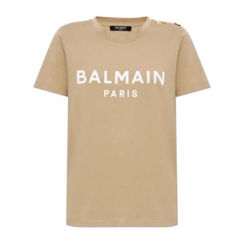 Balmain T-shirt med tryckt logotyp Beige, Dam