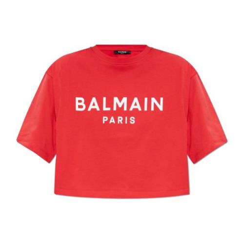 Balmain Kort T-shirt med tryckt logotyp Red, Dam