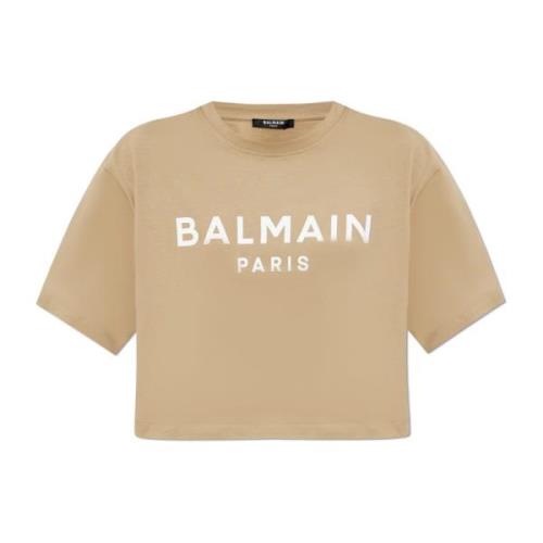 Balmain Kort T-shirt med tryckt logotyp Beige, Dam