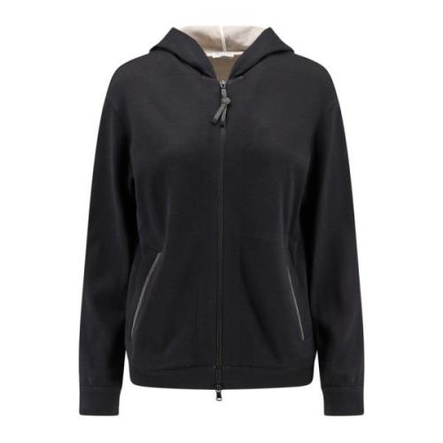 Brunello Cucinelli Monili Detalj Bomull Silk Hoodie Black, Dam