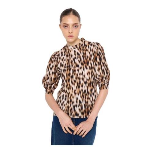 Silvian Heach Leopardmönstrad Ballongärm Blus Brown, Dam