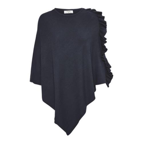 Cream Marinblå Poncho med Volangdetalj Blue, Dam