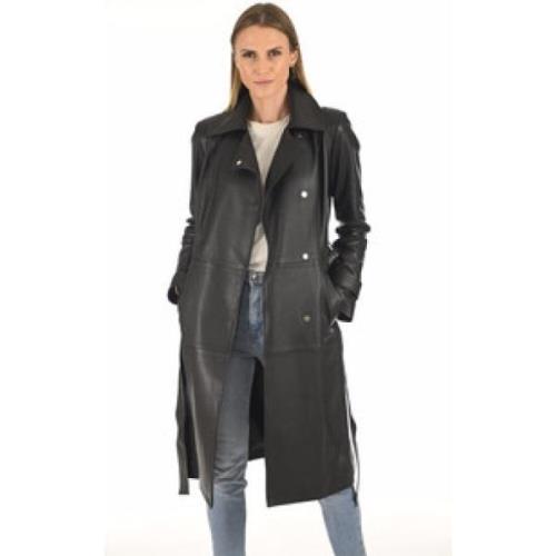 La Canadienne Elegant Svart Läder Trenchcoat Black, Dam