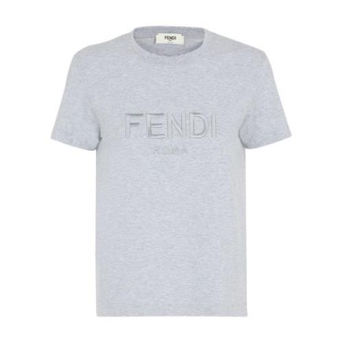 Fendi Grå Logo Broderad Crew Neck T-shirt Gray, Dam