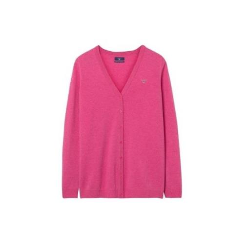 Gant Fin V-ringad Cardigan i Lammull Pink, Dam