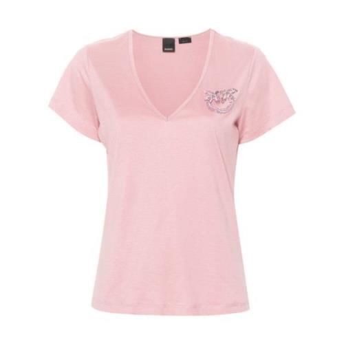 Pinko V-ringad broderad T-shirt Pink, Dam