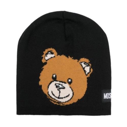 Moschino Svart Teddybjörn Logo Jacquard Hatt Black, Herr