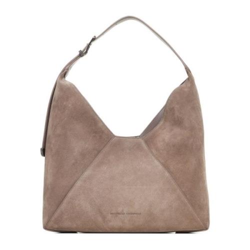 Brunello Cucinelli Grå mocka hobo-väska med Monile-detaljer Beige, Dam