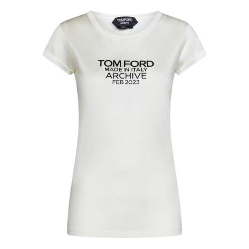 Tom Ford Silkesjersey Åtsittande T-shirt med Logotyp White, Dam