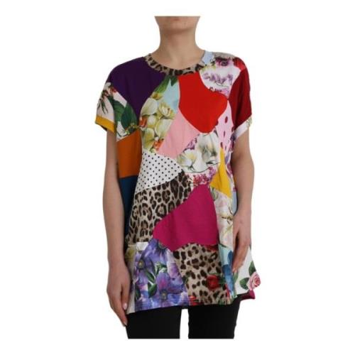 Dolce & Gabbana Multifärgad Patchwork Silke Bomull Blus Topp Multicolo...